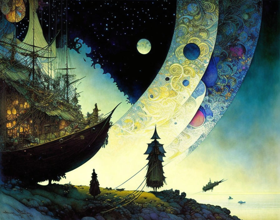 Fantastical night scene: ships, cloaked figure, celestial river, blending sea and cosmos