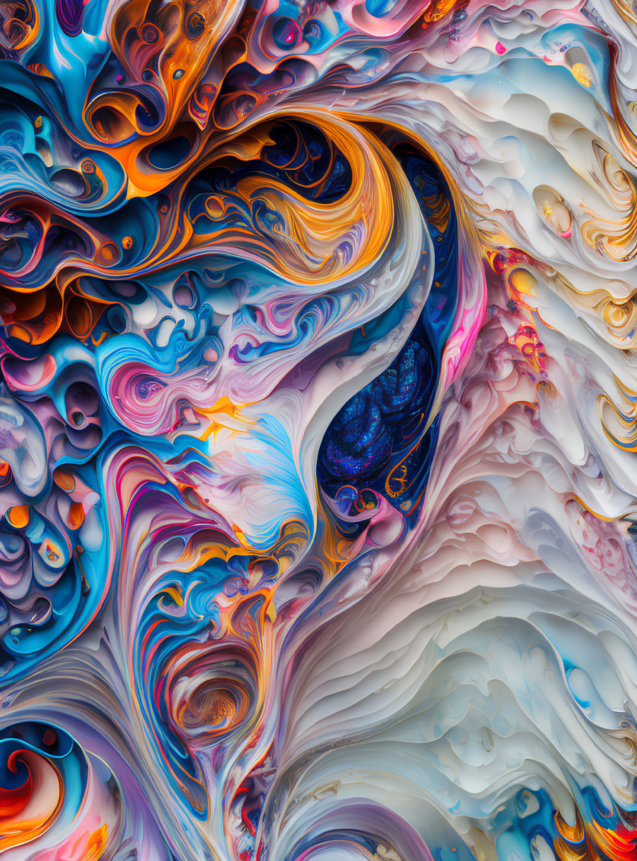 Colorful Abstract Swirl with Marble-like Texture in Blue, Orange, White, and Purple