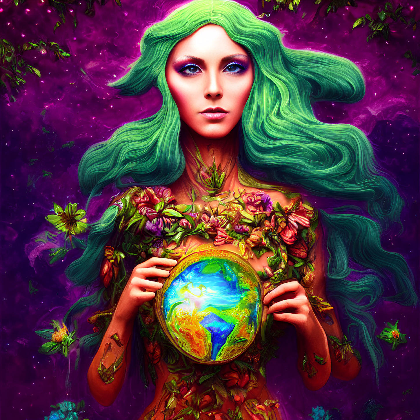 Colorful artwork of woman with green hair and floral body art holding a globe in lush, purple setting