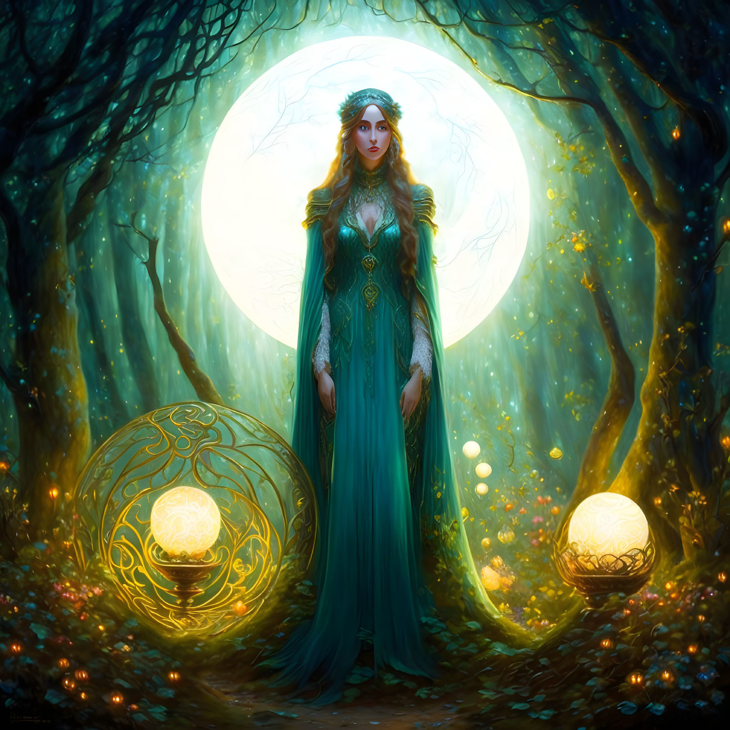 Mystical woman in green dress in enchanted forest with glowing orbs and full moon