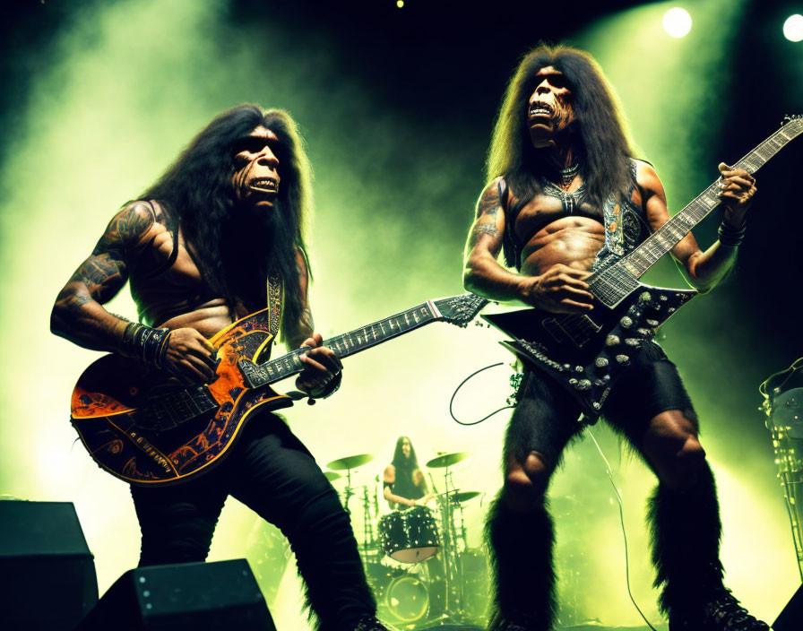 Rock musicians with long hair and tattoos playing electric guitars on stage