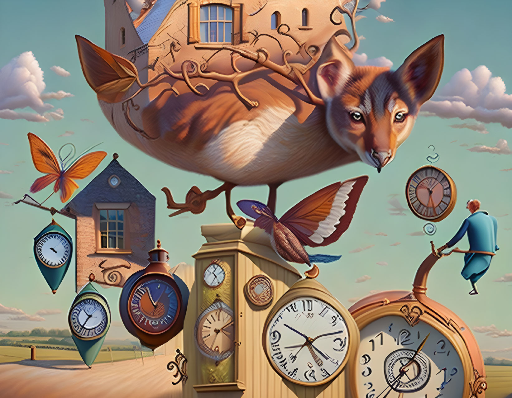 Surreal artwork: Fox with house on back, floating clocks, man on ladder, bird with