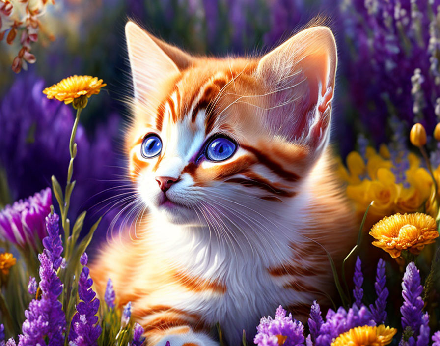 Orange and White Kitten with Blue Eyes Among Purple and Yellow Flowers