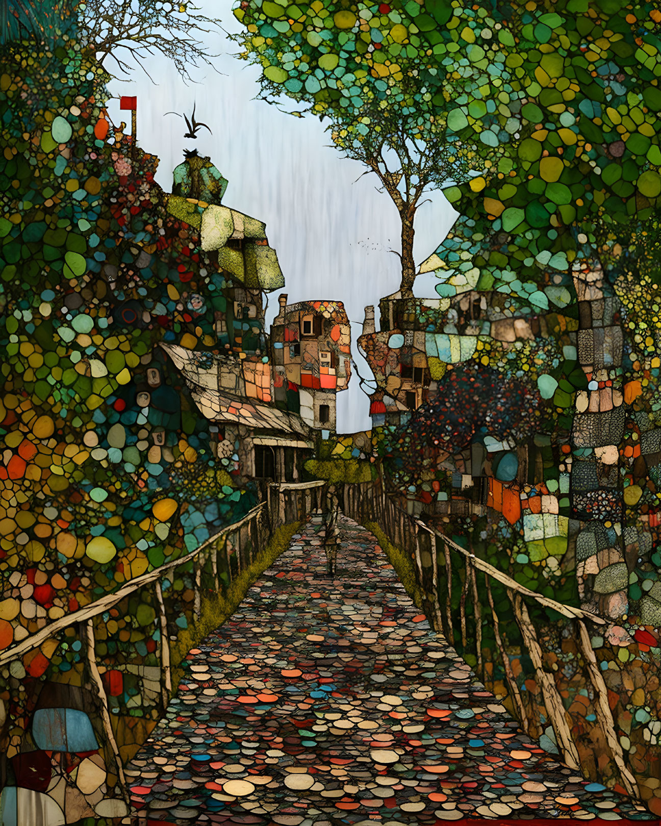 Colorful Mosaic-Style Illustration of Whimsical Pathway to Abstract Town