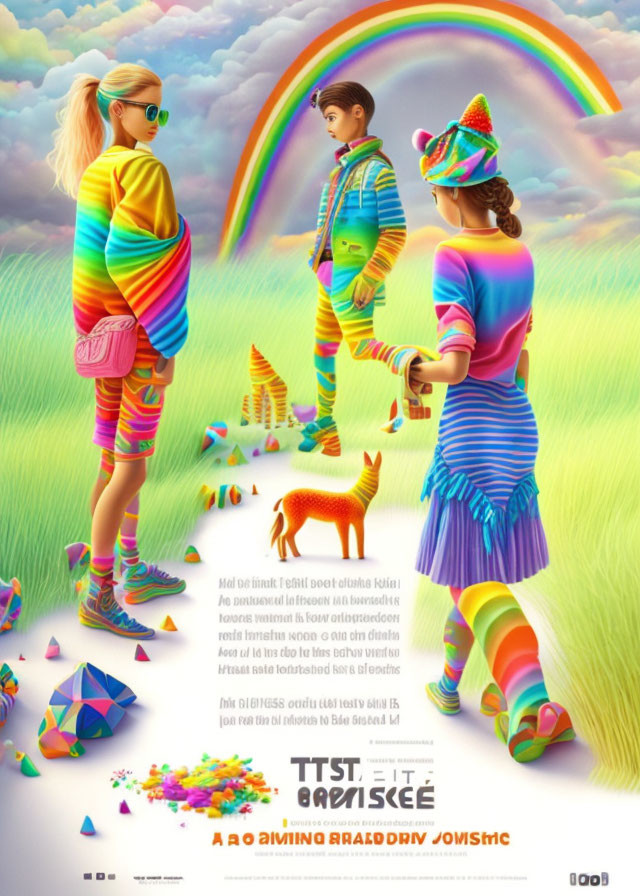 Three individuals in colorful, striped outfits in surreal landscape with rainbows, toy animals, and colorful clouds