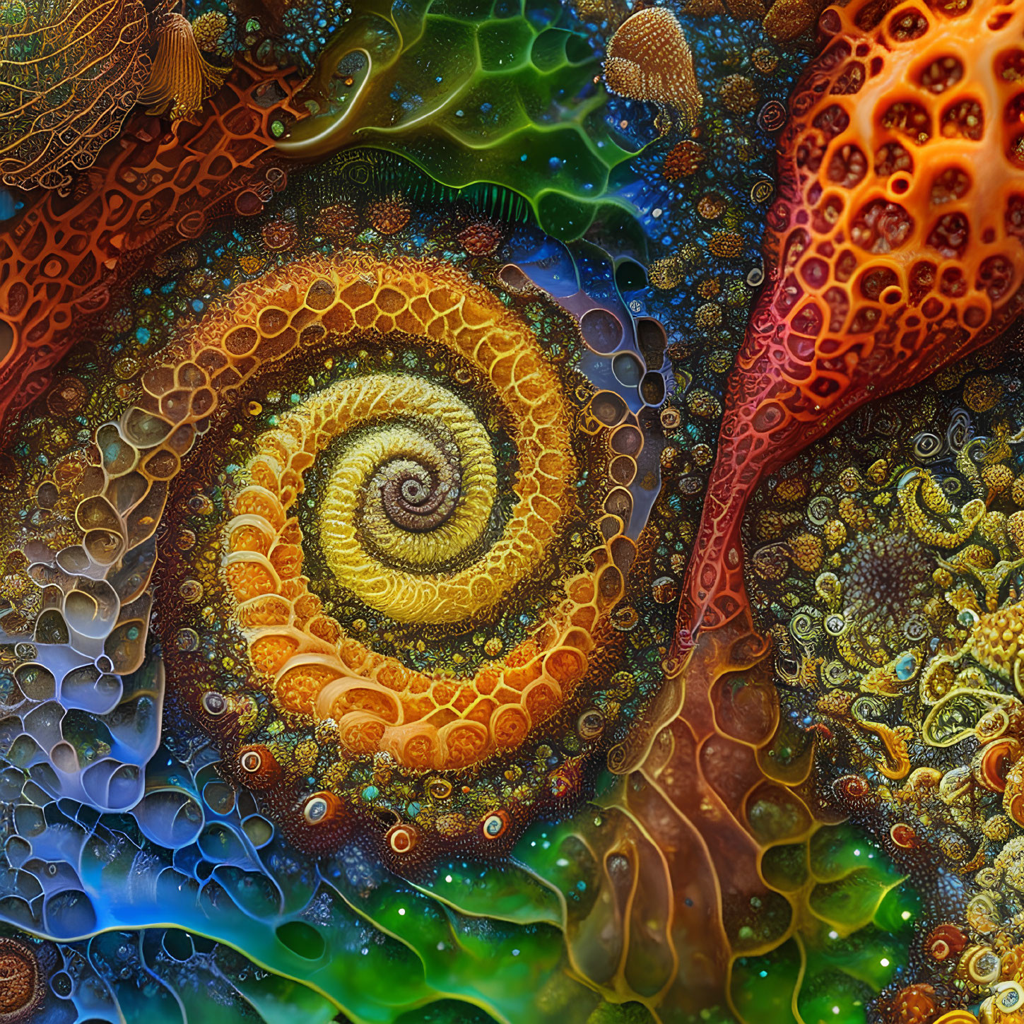 Colorful Spiral Pattern Surrounded by Marine Life and Coral Designs