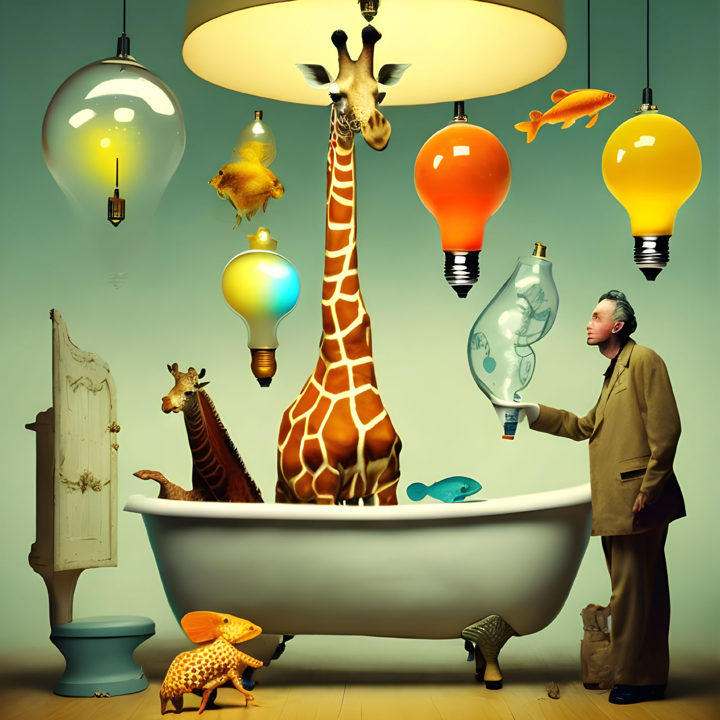 Whimsical surreal room with man, fish light bulb, animals, bathtub, and giraffe