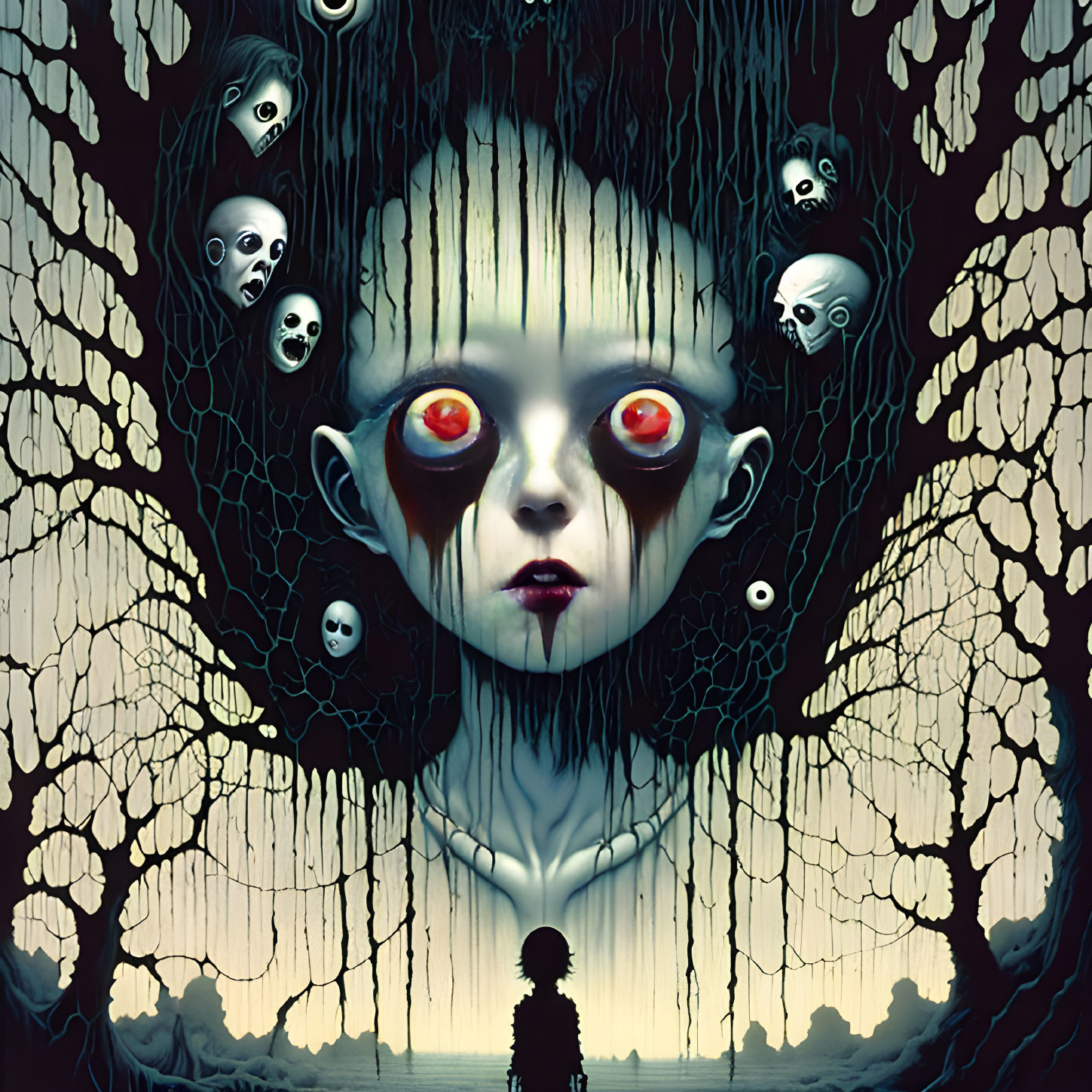 Surreal artwork: Pale figure, red eyes, ghostly faces, dark trees