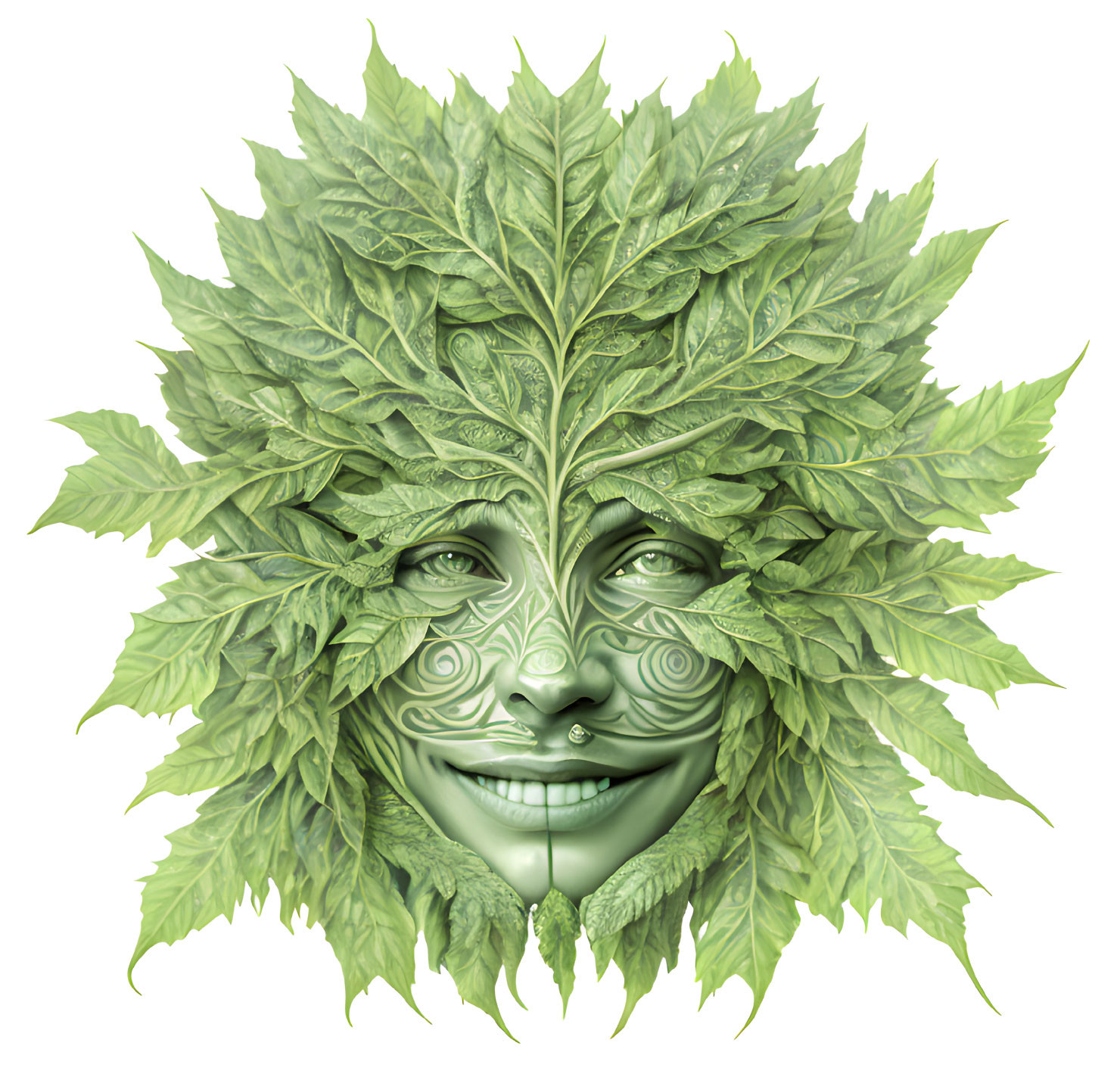 Detailed Green Leafy Face with Nature-Inspired Persona