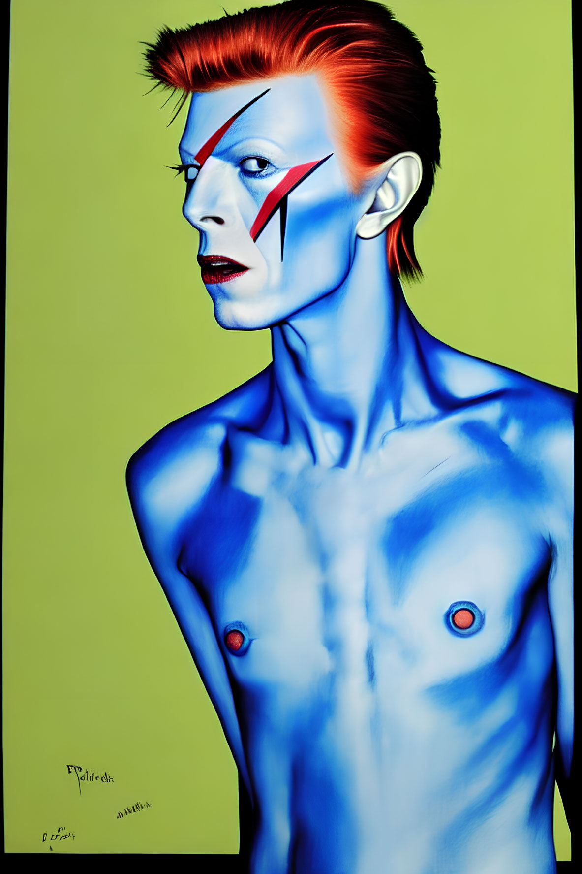 Colorful portrait of person with red lightning bolt, blue body paint, and intense gaze on yellow backdrop