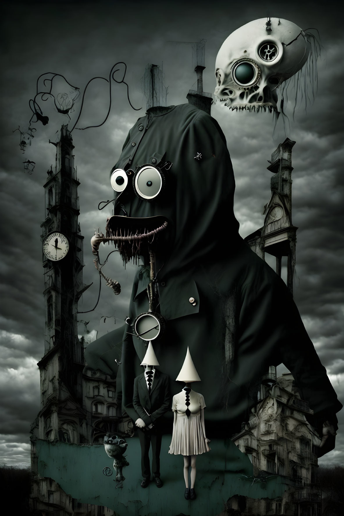 Surreal artwork featuring giant hooded figure, smaller obscured faces, on clock tower under stormy