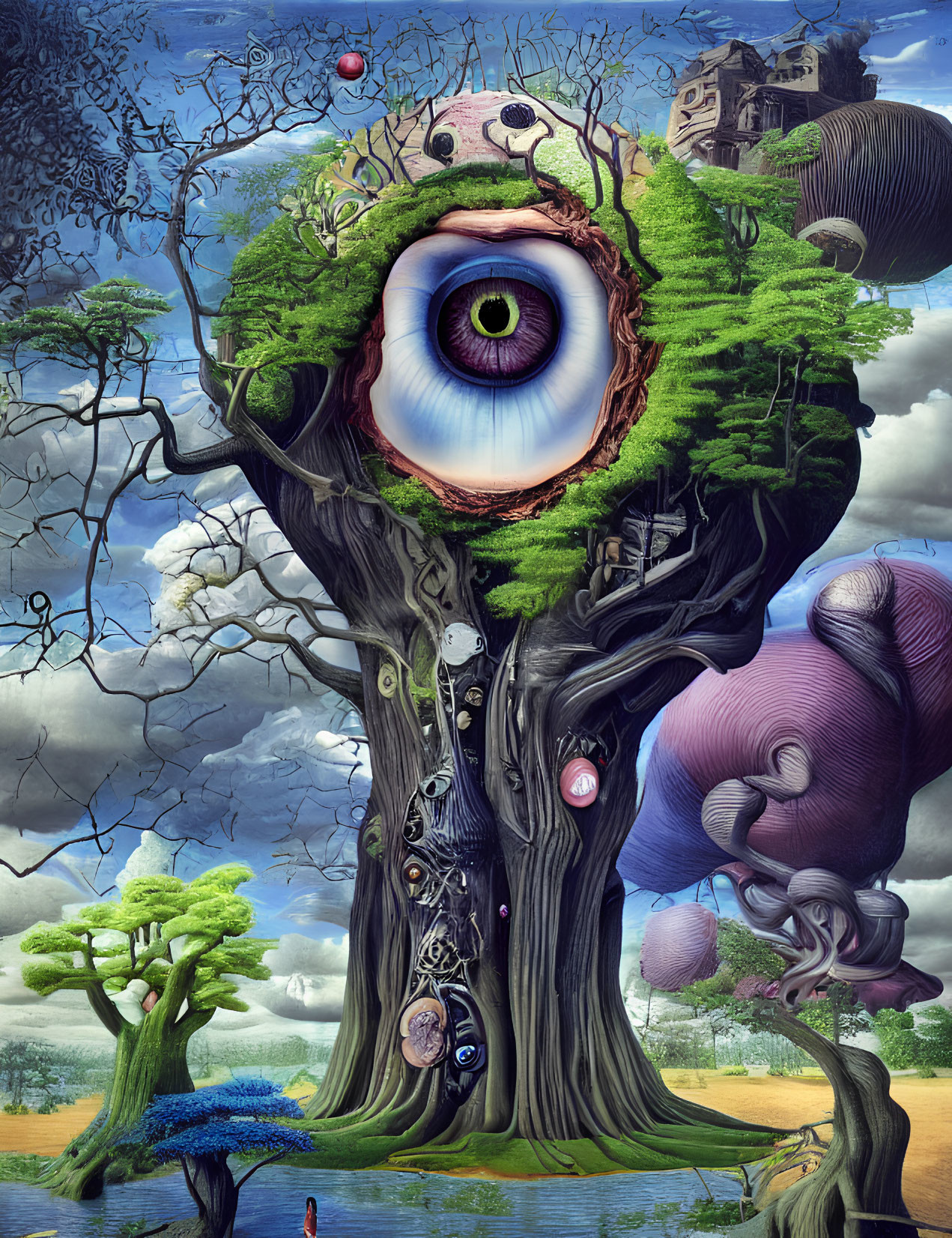 Surreal artwork featuring tree with large eye and fantastical elements