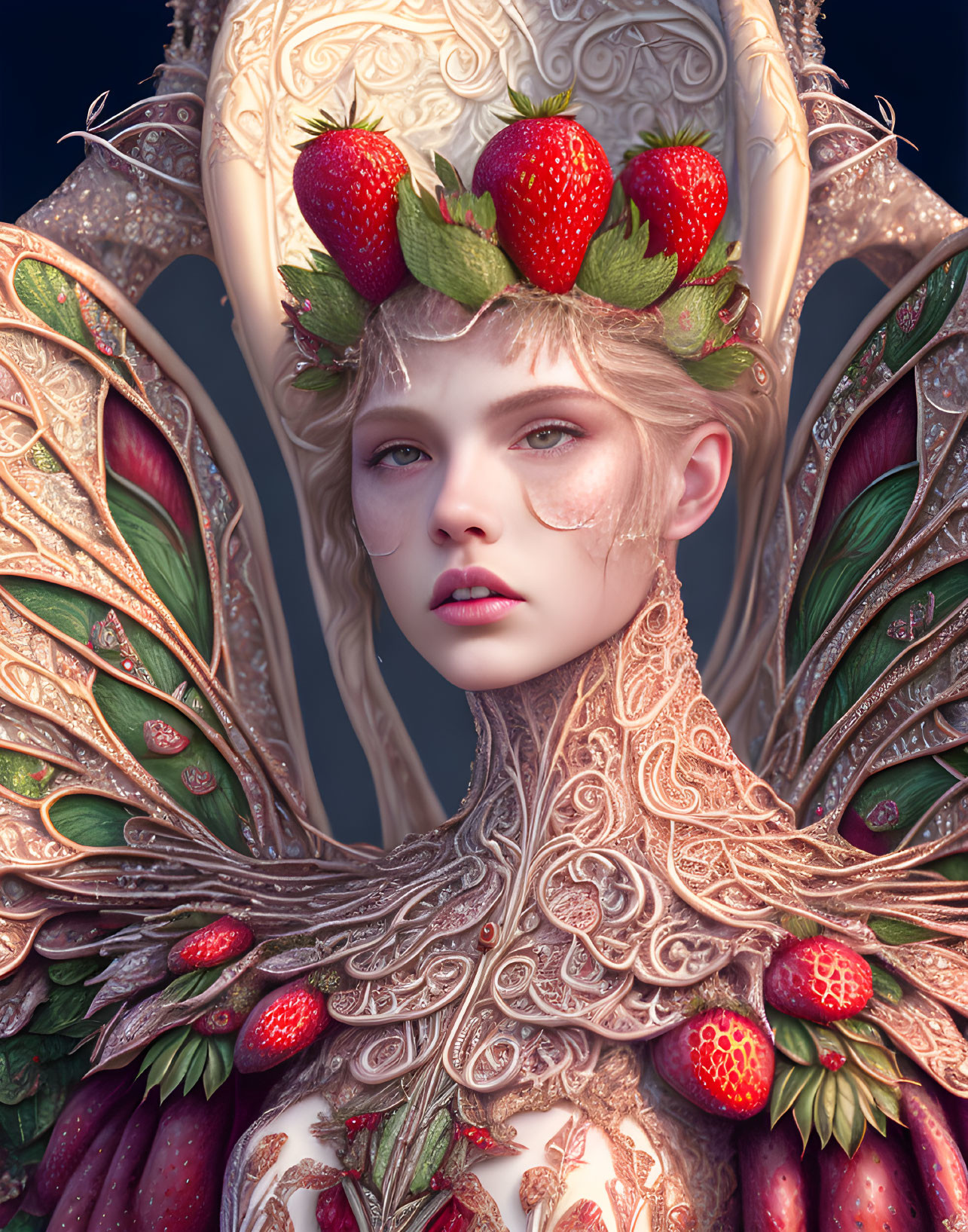 Intricate gold-embellished outfit with strawberry headdress