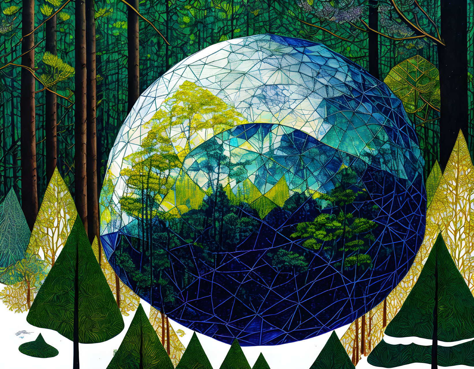 Colorful forest scene with geometric globe and mountains in vibrant illustration