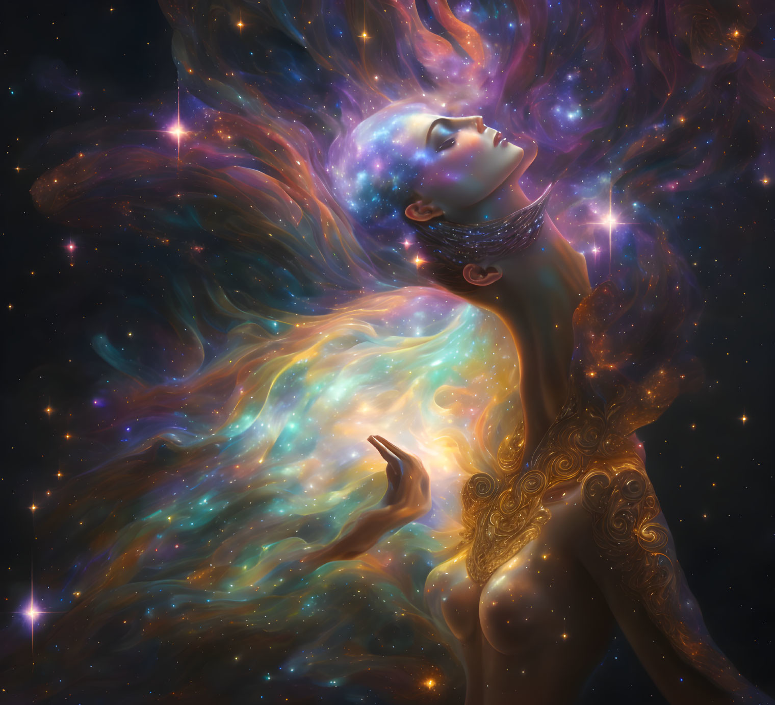 Human-like cosmic entity merges with nebulae and stars.