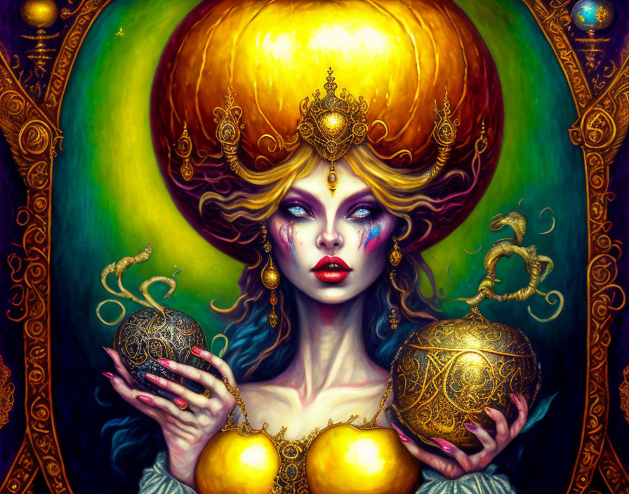 Fantasy illustration of a woman with golden crown and orbs on green background