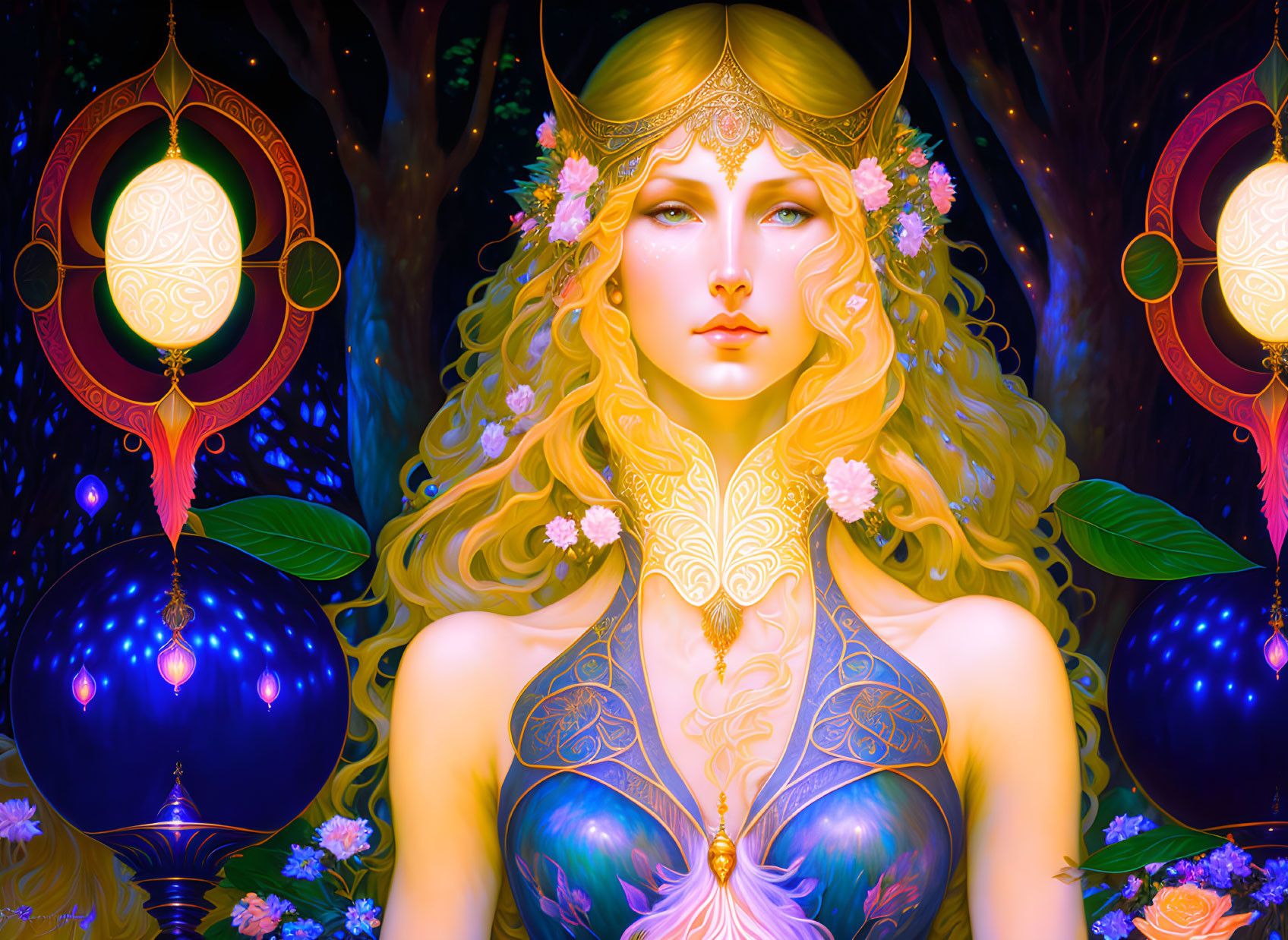 Mystical woman with golden hair in vibrant forest setting