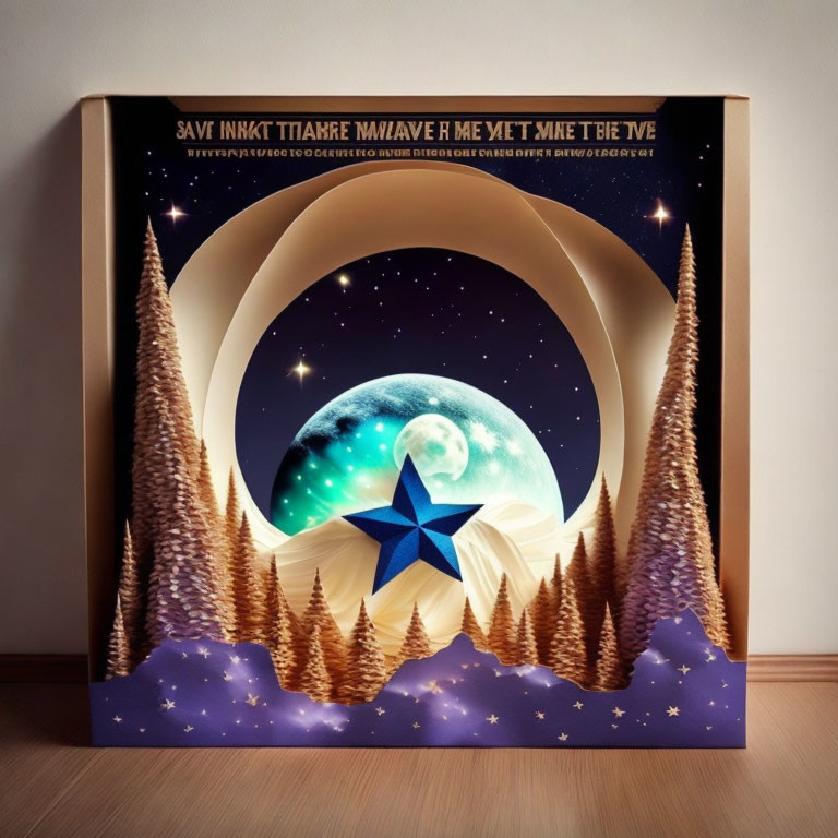 Cosmic scene with moon, stars, planets, mountains, and trees in 3D pop-up