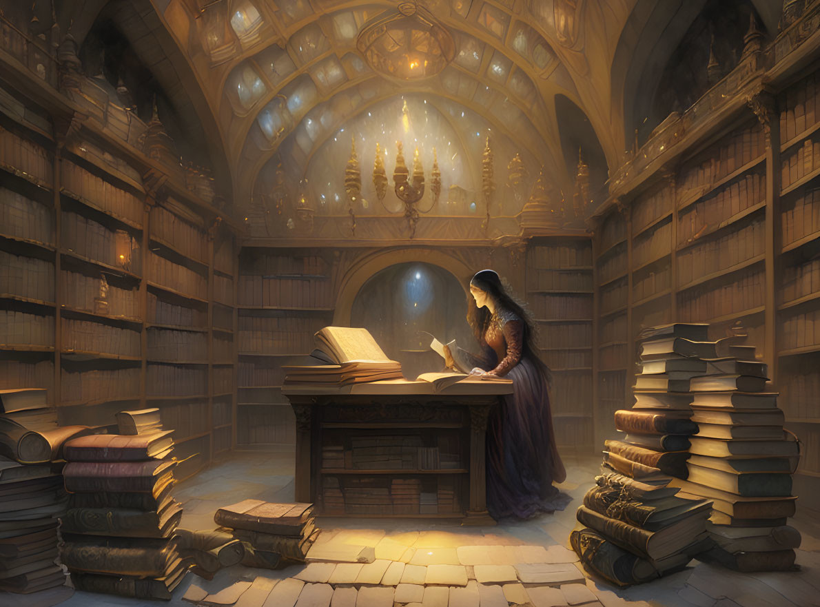 Person reading large book in grand, candle-lit library with towering bookshelves and glowing orb