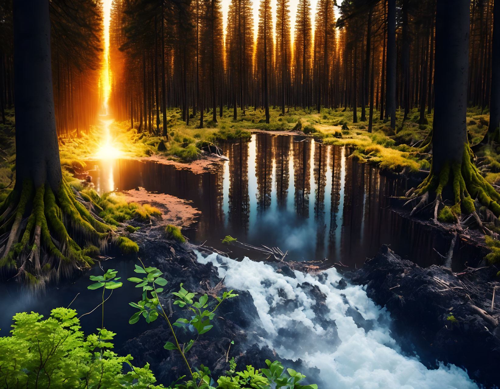 Tranquil forest scene with tall trees, pond reflection, and sunlight on waterfall