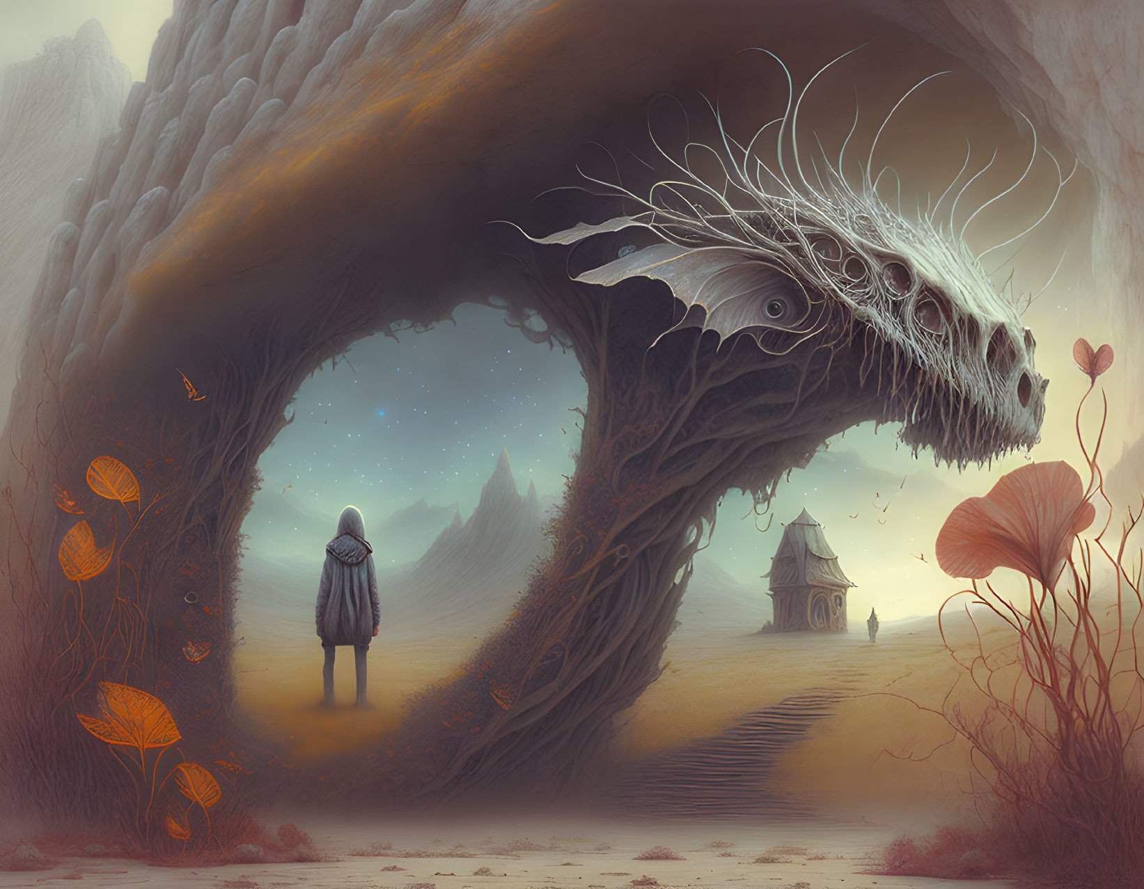 Cloaked figure in surreal landscape under skull arch with dragon creature