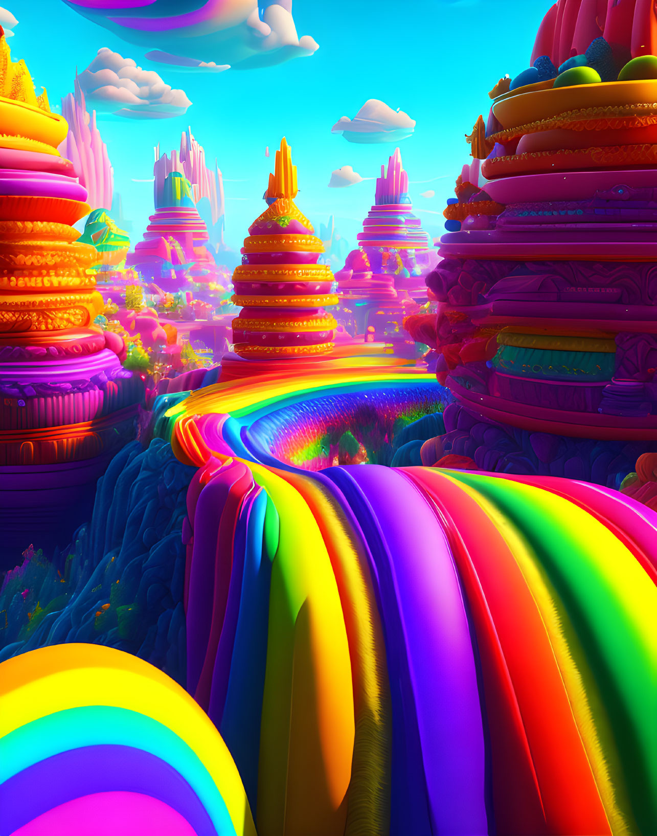 Colorful Fantasy Landscape with Rainbow Road and Candy-Like Hills