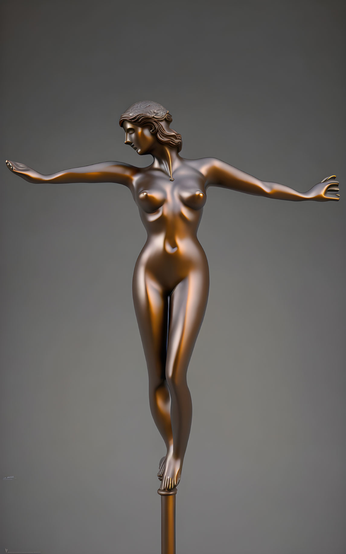 Bronze sculpture of nude female figure balancing on one foot