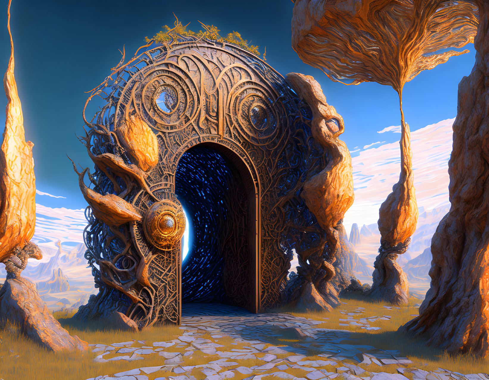 Intricate Carvings on Mystical Archway in Alien Landscape