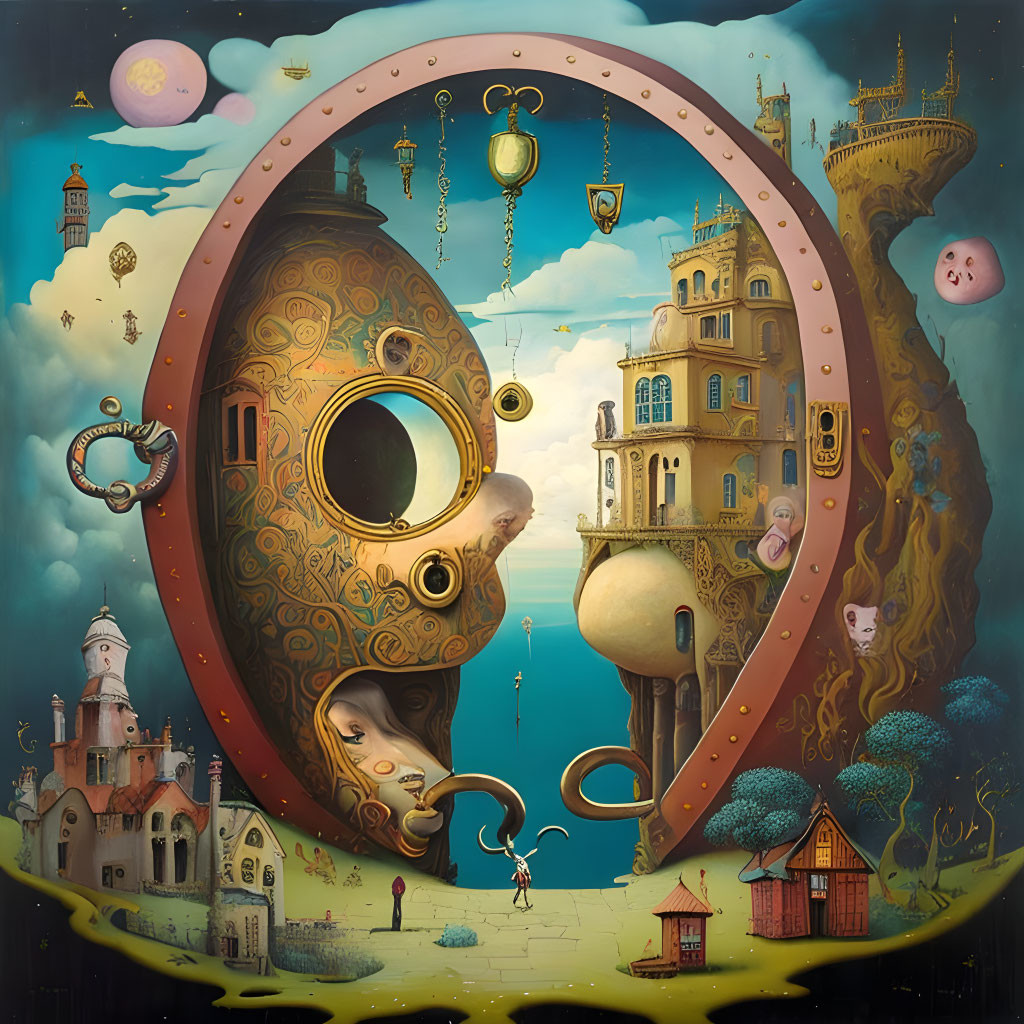 Abstract surrealistic painting: face-shaped structure, fantastical buildings, floating objects, whimsical landscapes,