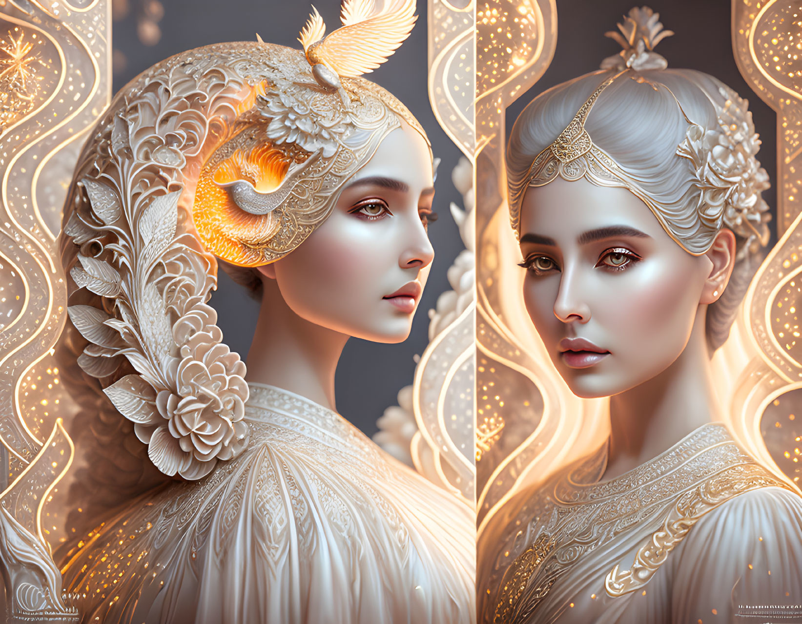 Ethereal woman with ornate gold and white headdress diptych