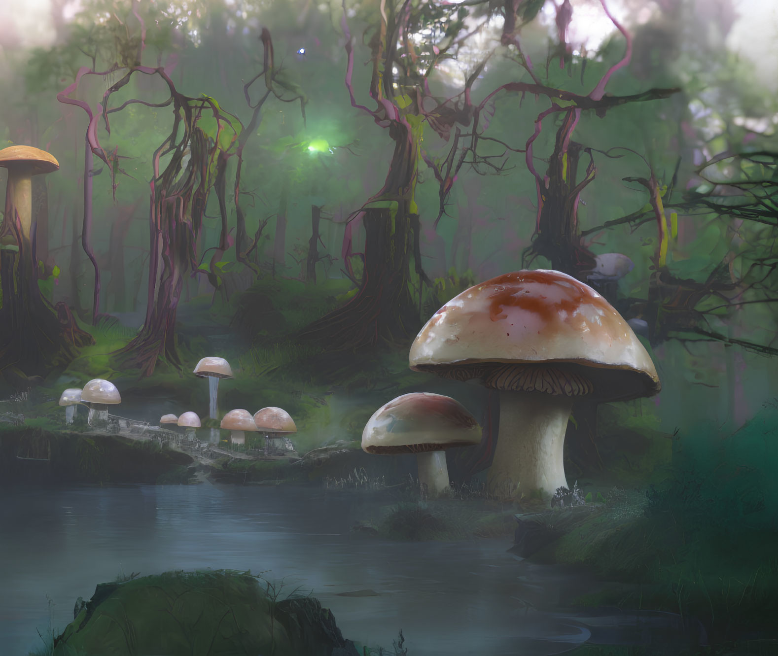 Enchanting forest scene with oversized mushrooms, mist, twisted trees, and green glow