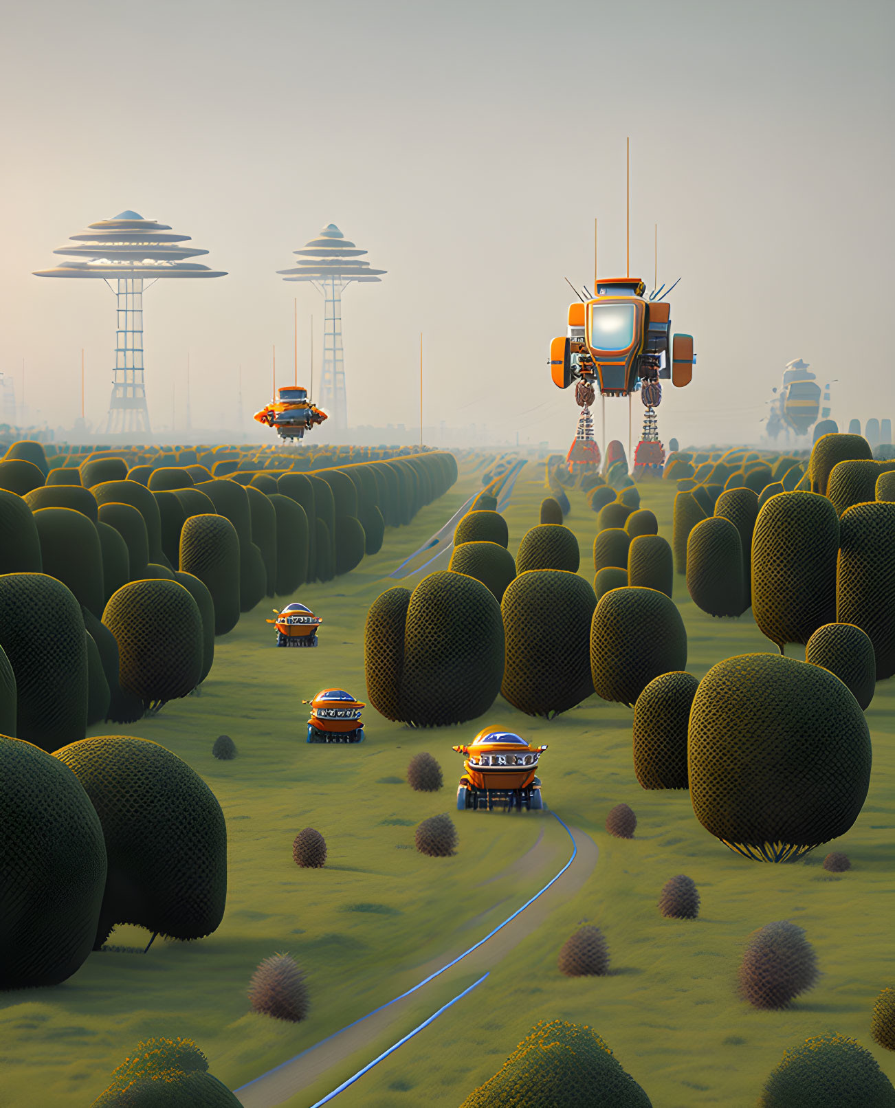 Futuristic landscape with green spherical trees, drones, vehicles, and towering saucer-like structures.