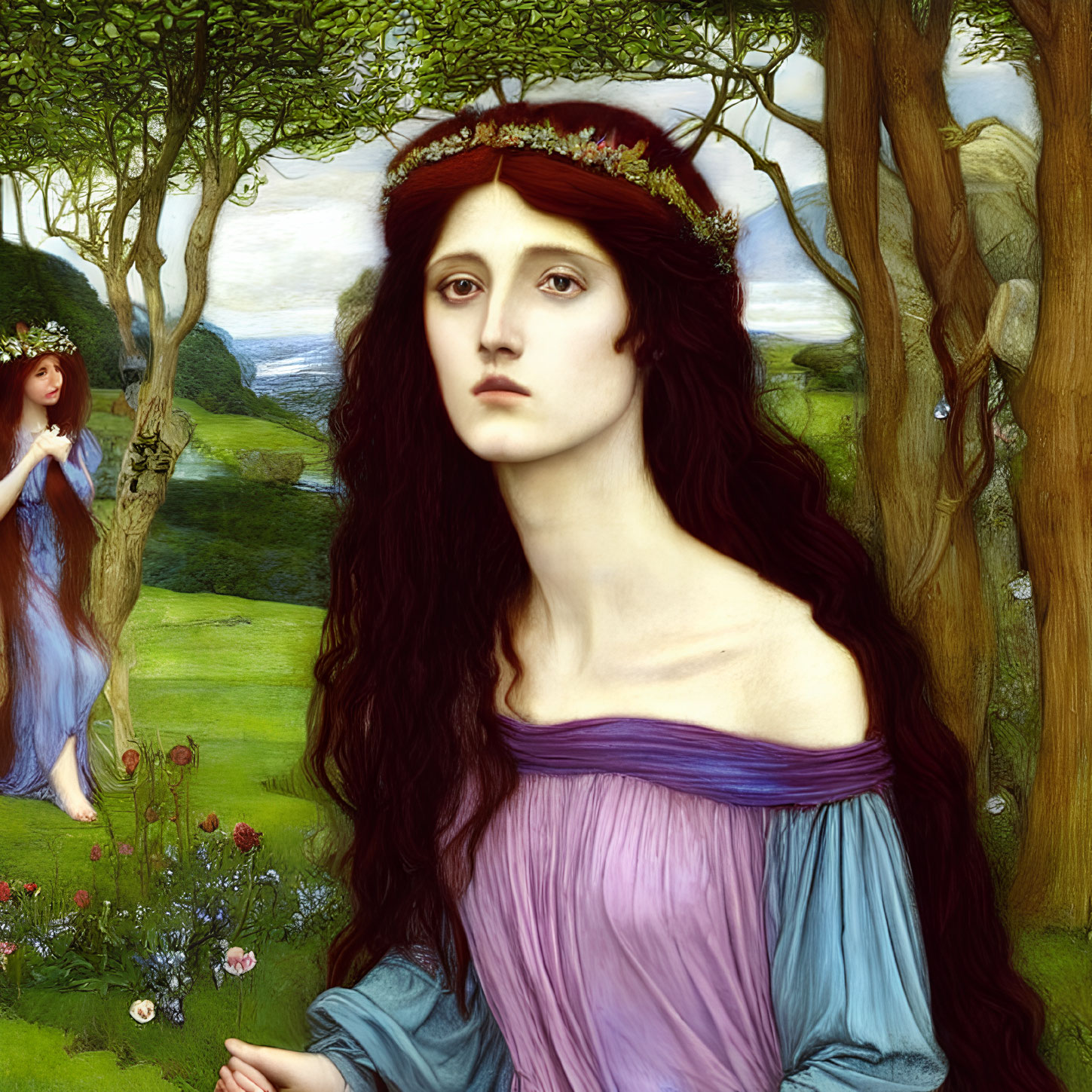 Pre-Raphaelite Style Painting of Woman in Red Headband and Purple Dress