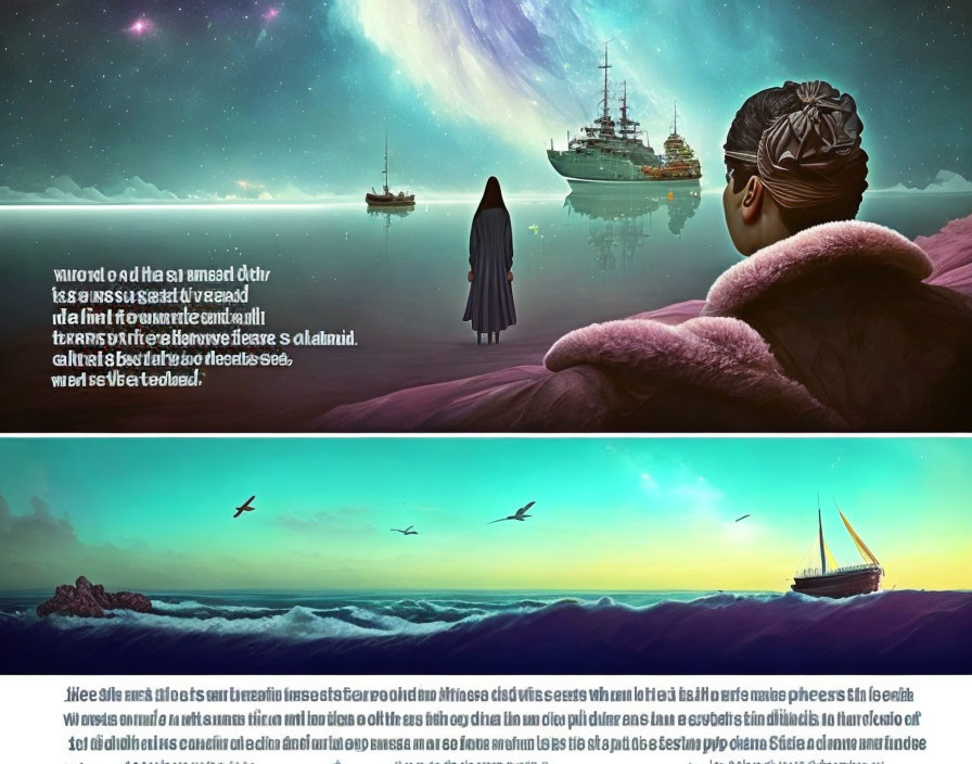 Surreal digital artwork of ships and cloaked figure in cosmic seascape