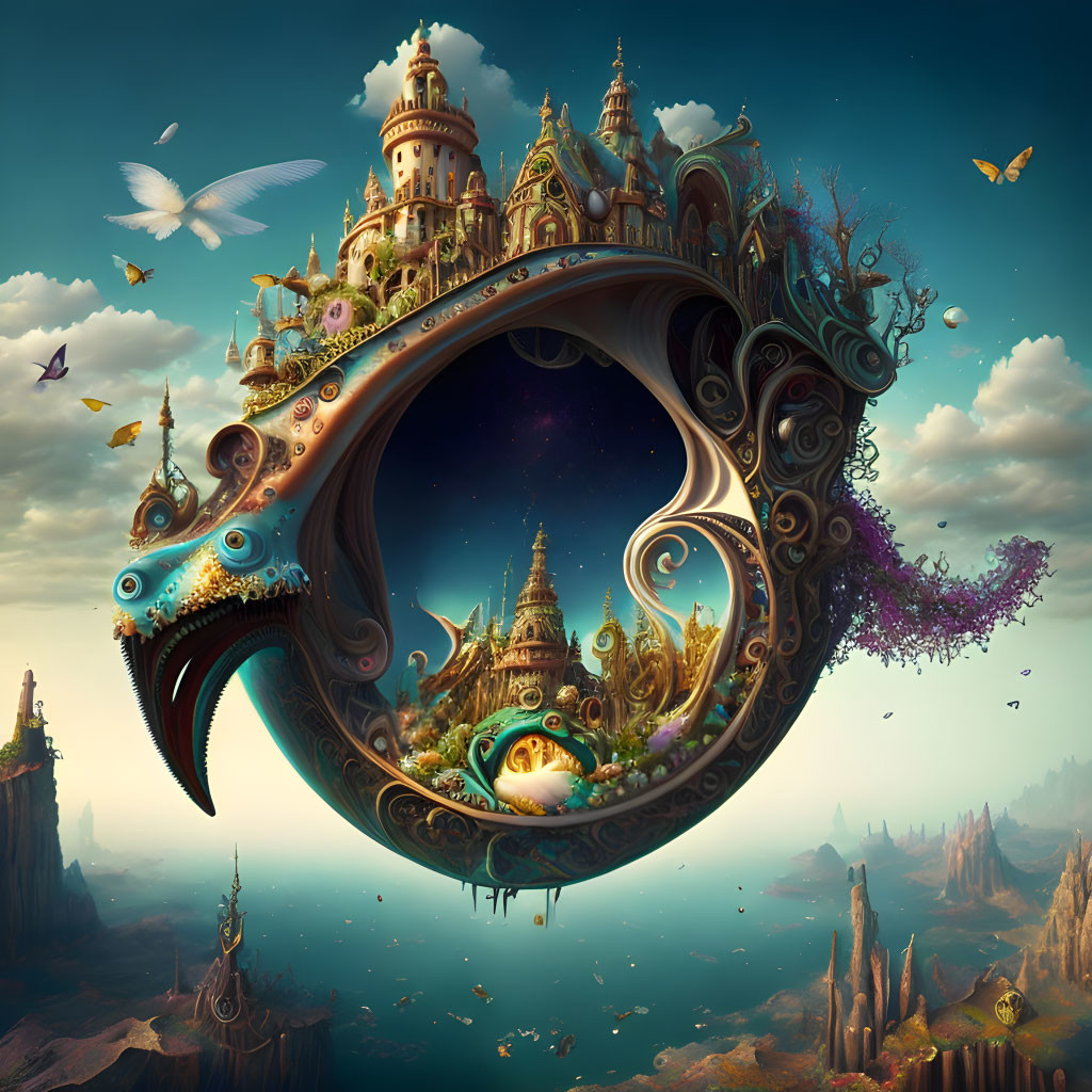 Fantasy landscape with circular structure, castles, fish creatures, floating islands.