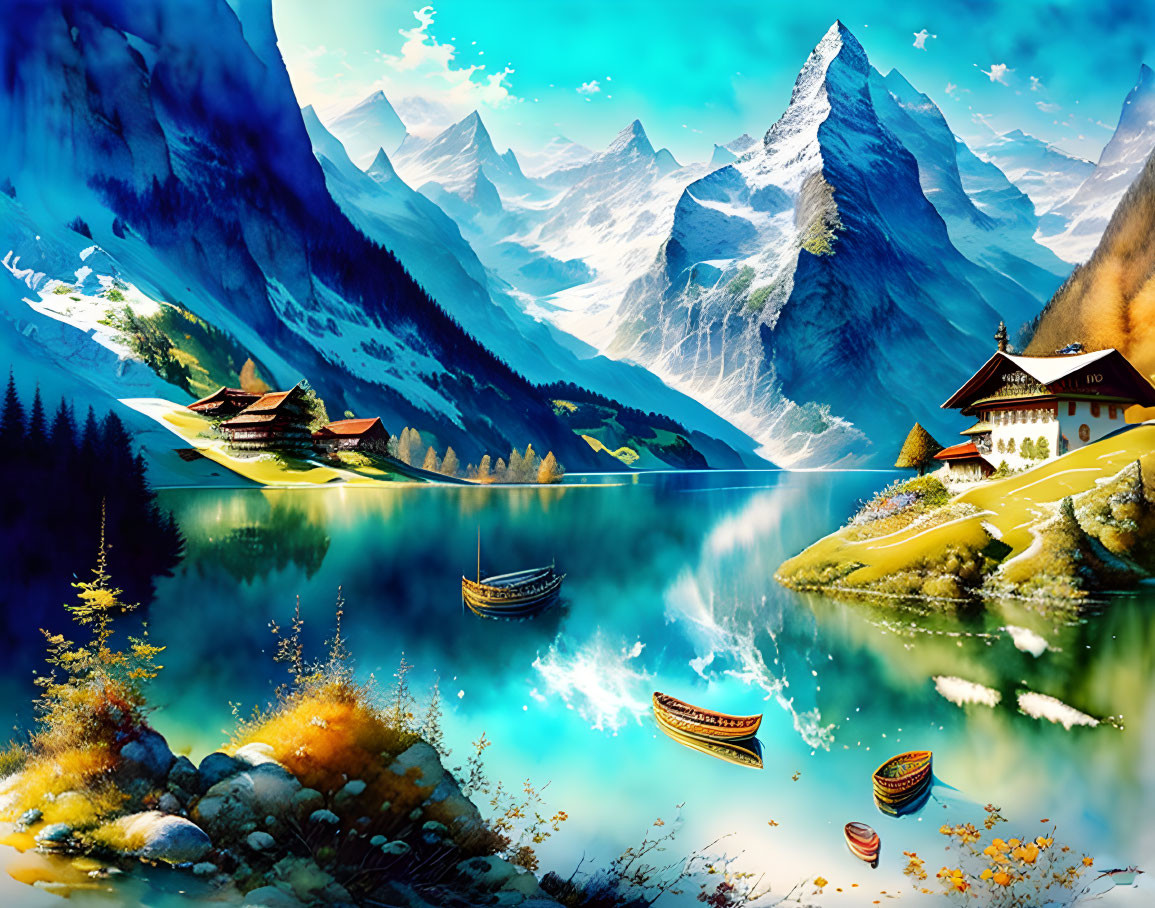 Digital art: Serene mountain landscape with lake, boats, cabin, and colorful flora