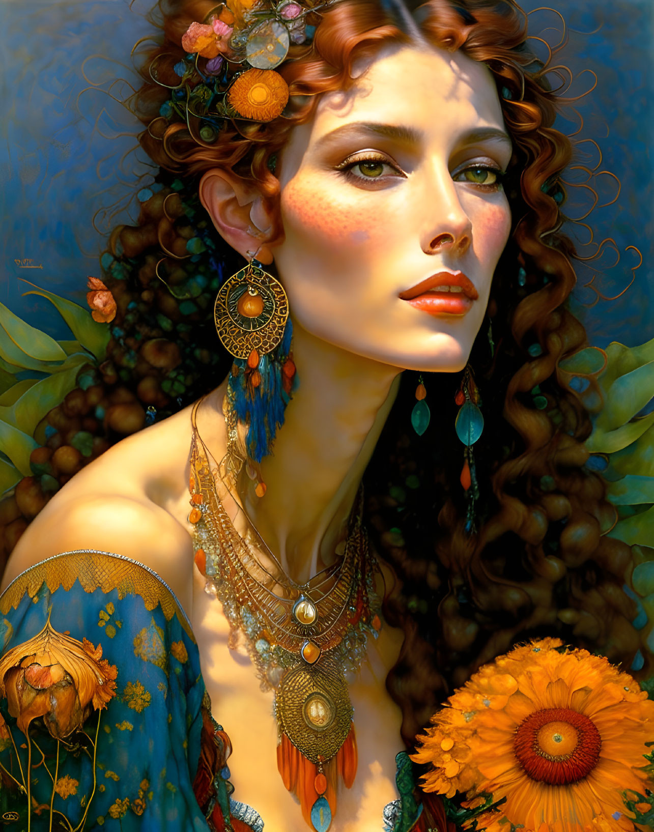 Portrait of Woman with Curly Hair and Flower Adornments in Blue Top surrounded by Orange Blossoms