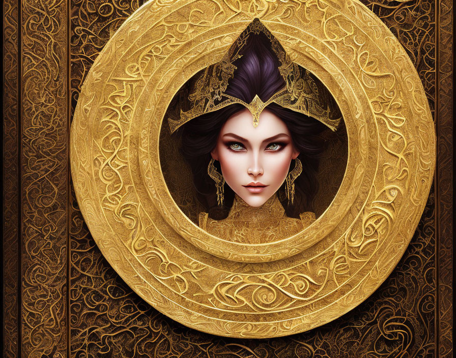 Golden circular frame encases mystical woman with purple headpiece in ornamental background