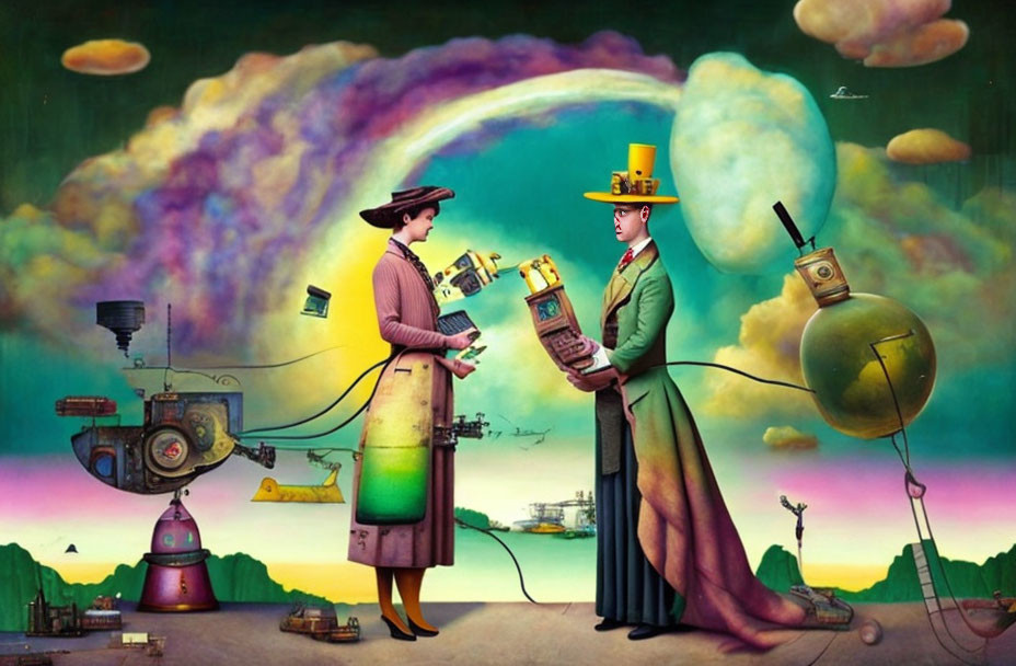 Whimsical painting of two people exchanging books in vintage attire