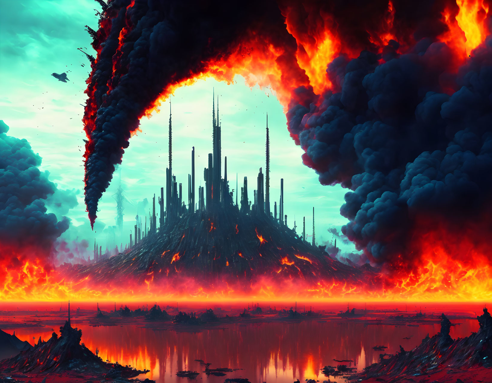 Dystopian cityscape with towering spires in flames and smoke