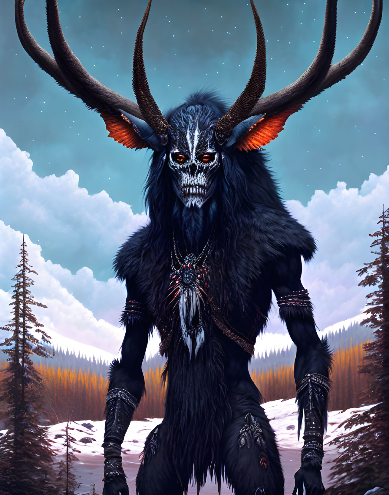 Mythical creature with horns and orange eyes in snowy landscape