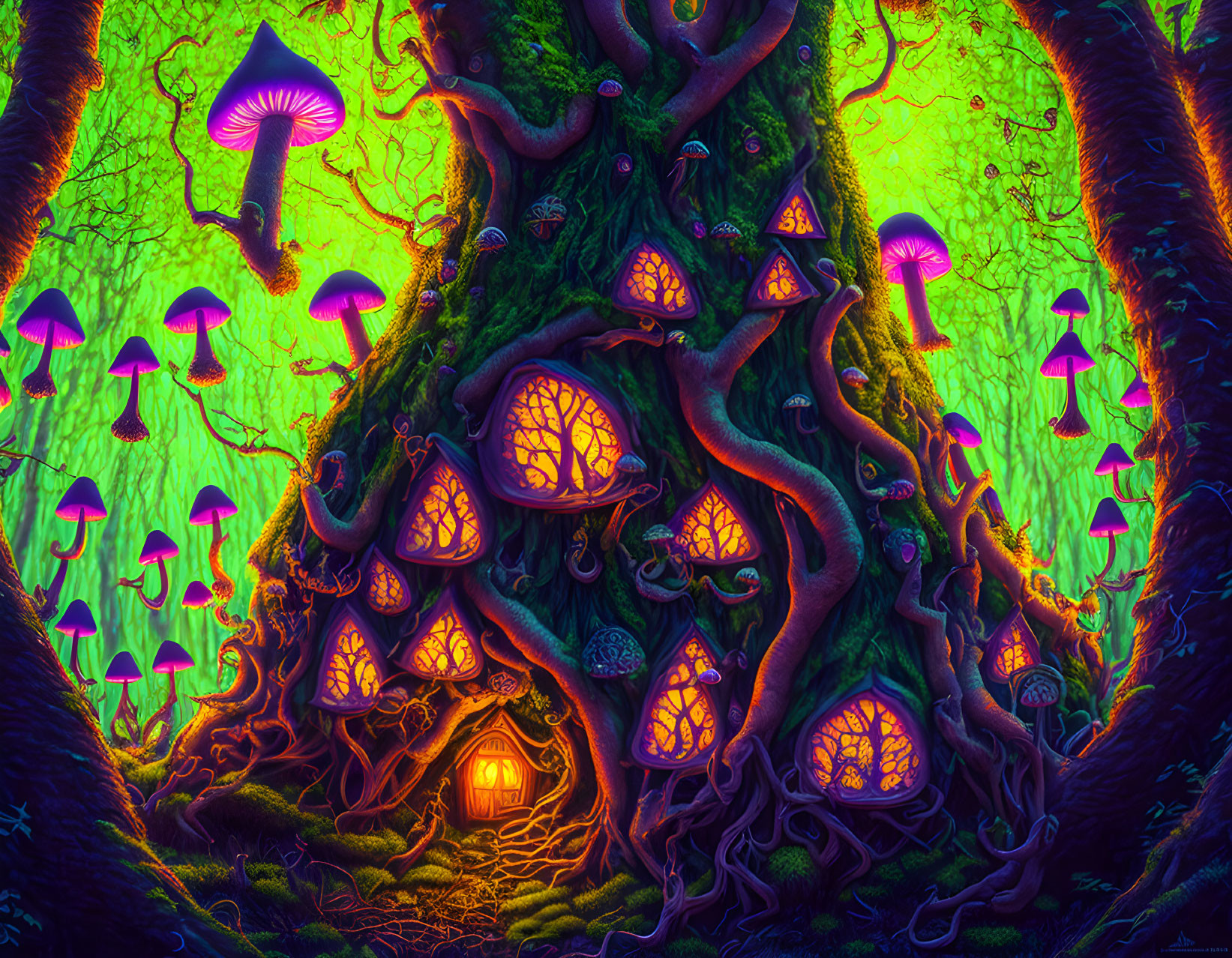 Fantasy forest scene with giant tree, glowing mushrooms, and twisting roots