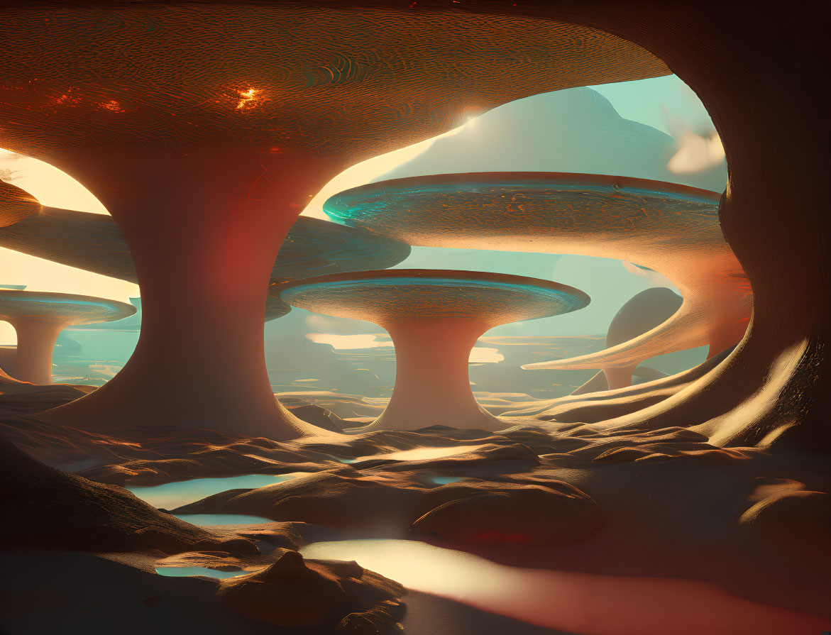 Surreal landscape with giant mushroom-like structures in orange-hued atmosphere