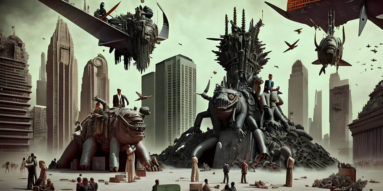 Dystopian scene with giant monster statues, flying ships, and chaotic ruins