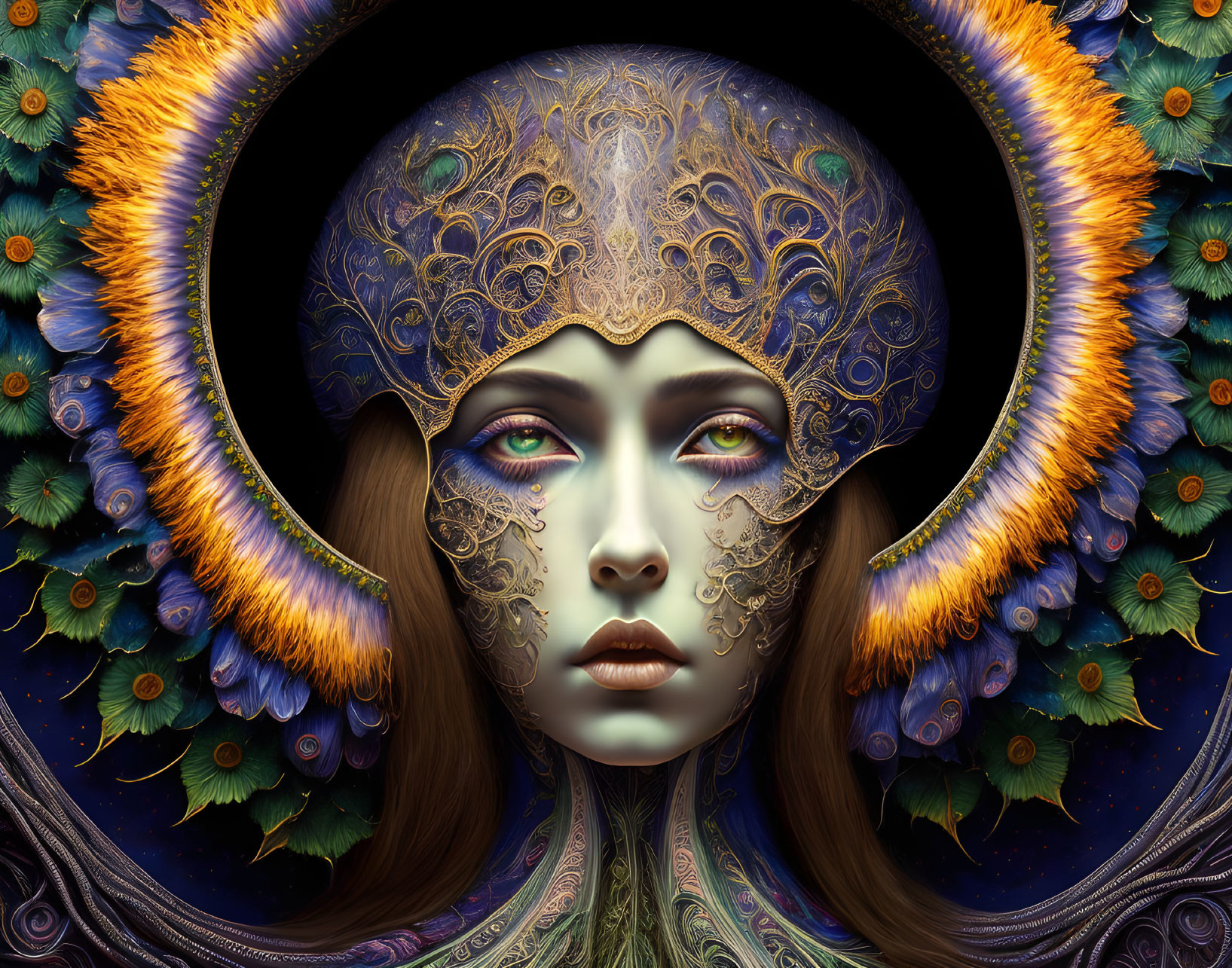 Surreal female figure with ornate headdress and mystical aura