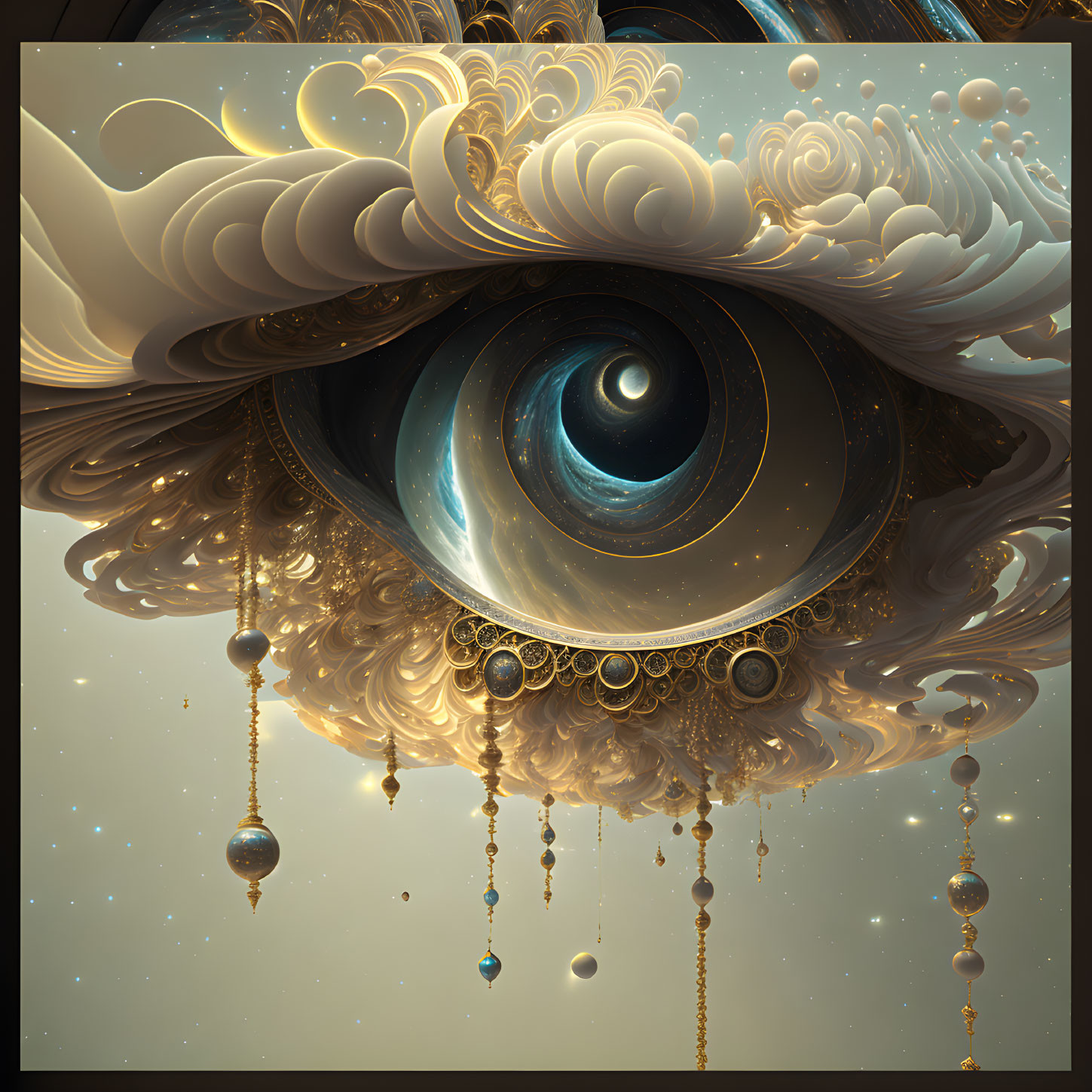 Surreal illustration of ornate eye with celestial patterns