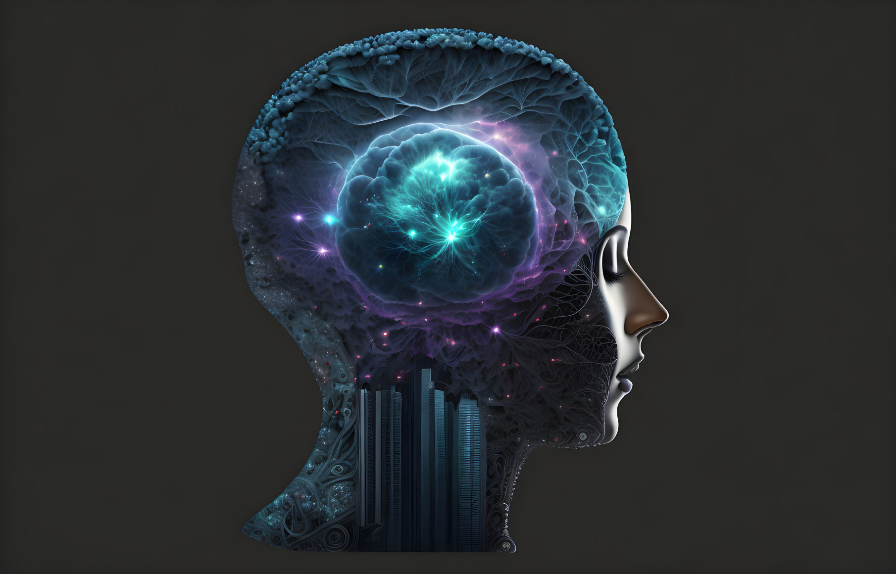 Vibrant digital artwork: human head profile with intricate brain in blues and purples