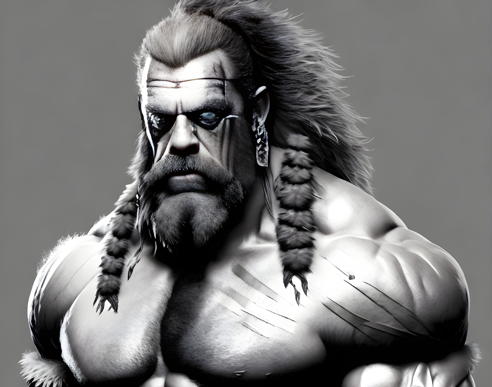 Muscular male figure with animalistic face, braided hair, stern expression, tribal face paint