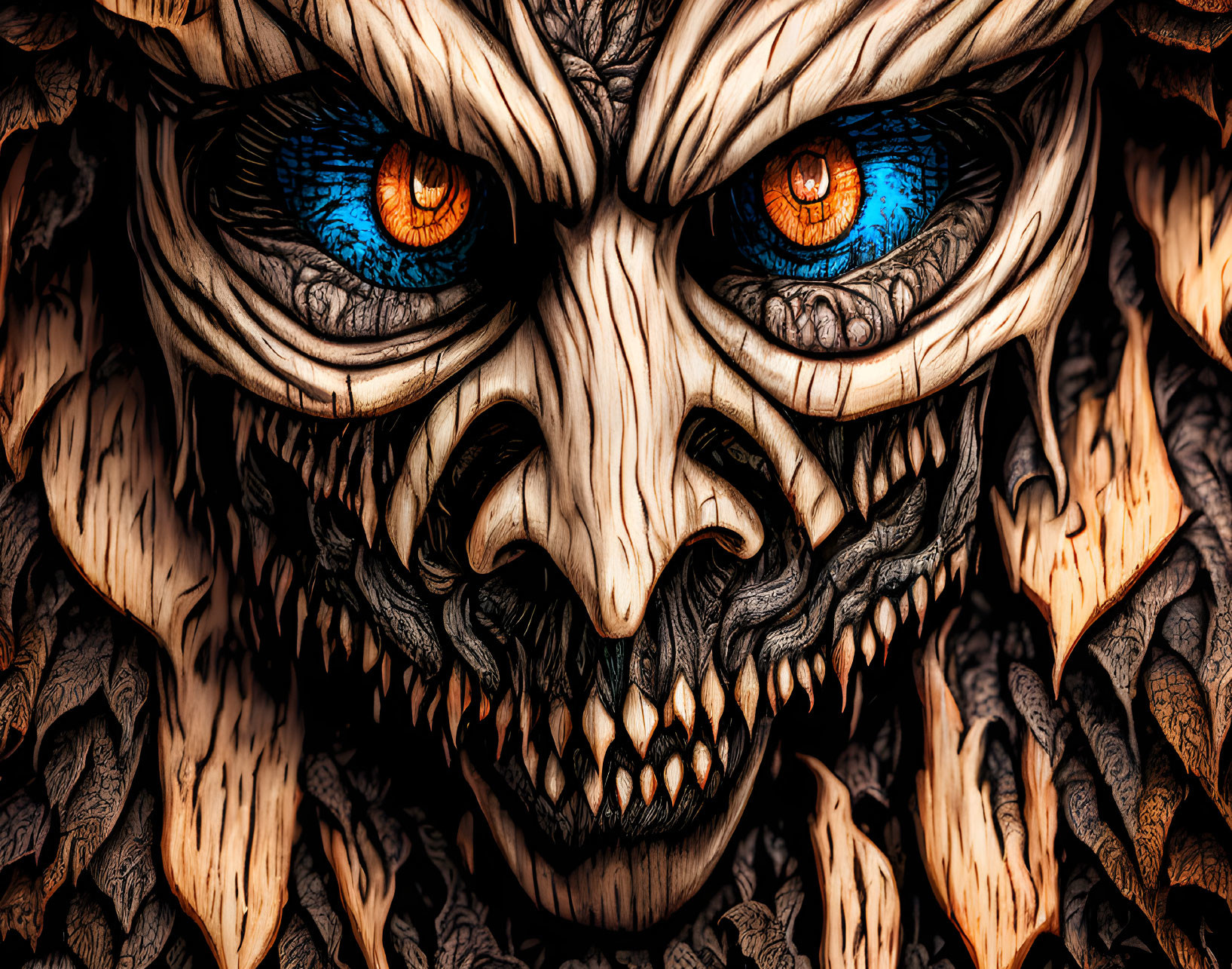 Menacing skull with blue eyes and wooden carving textures.