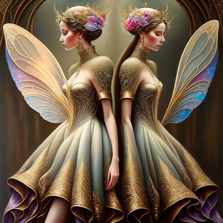 Twin fairies in golden dresses with wings and floral headdresses